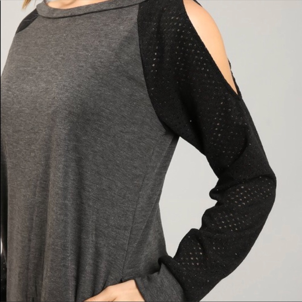 Black Gray Tunic Cold Shoulder Top - Picture 3 of 4
